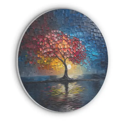 Boom - Blauw - Bladeren - Vakken Akoestische PET Vilt - Rond klein -3d