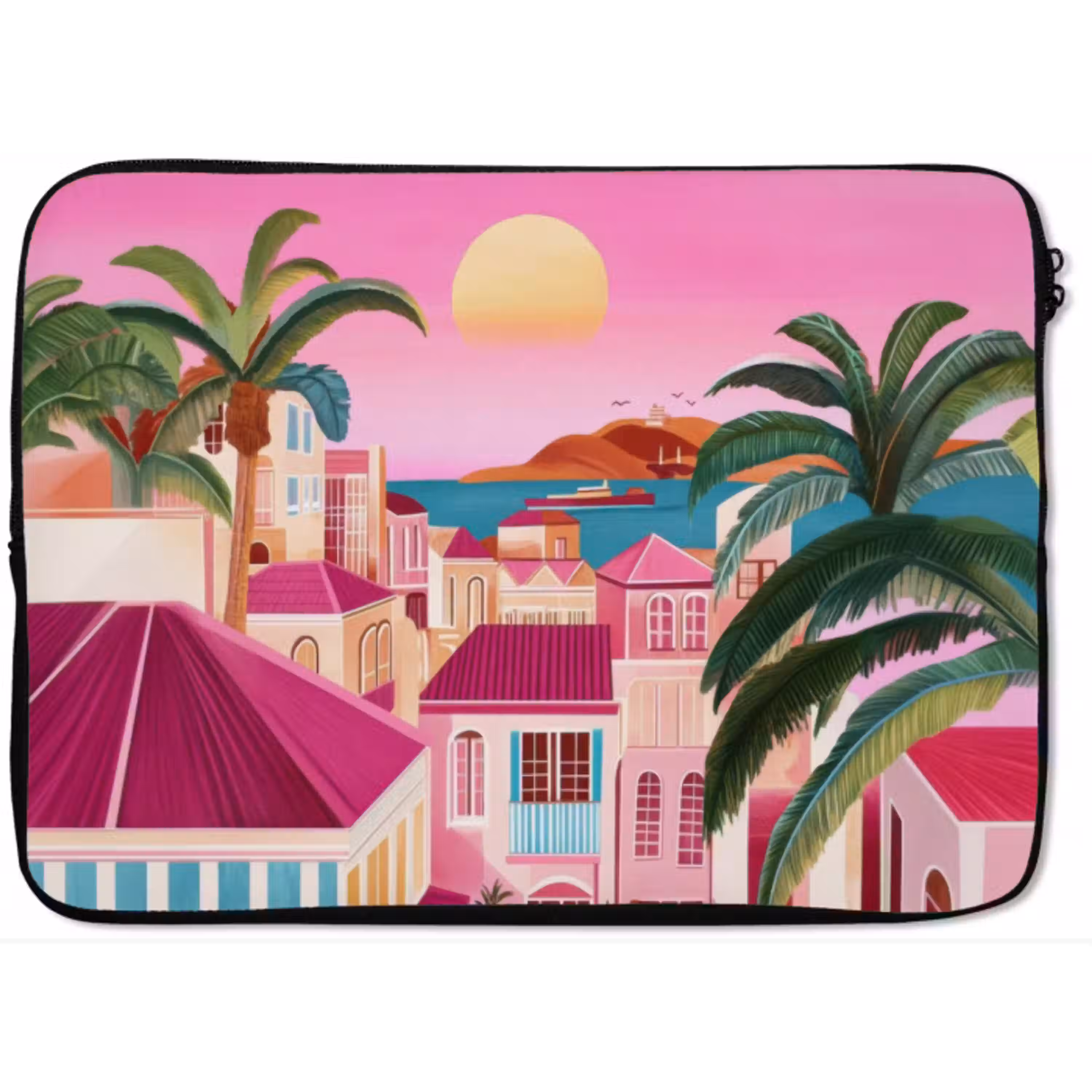 Stad - Roze - Palmbomen laptophoes neopreen klein -zkaufland3dotto