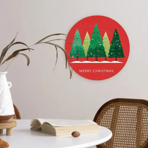 Minimalistisch - Kerstbomen - Rood - Sneeuw Wandcirkel kunststof plaat 5mm dik klein -sfeer4