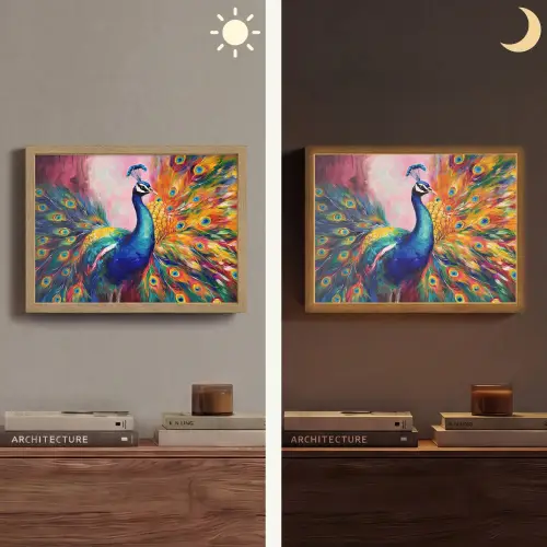 Pauw - Dieren - Schilderij - Regenboog Light Box met batterij (Wandlamp) middel -sfeer3