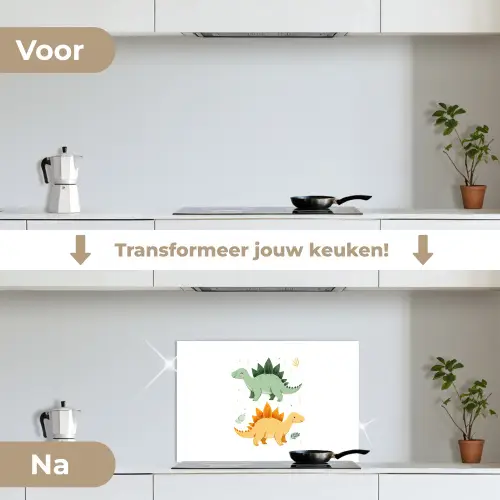 Sterren - Stegosaurussen - Blaadjes - Groen keuken achterwand spatscherm klein -voor_na_NL