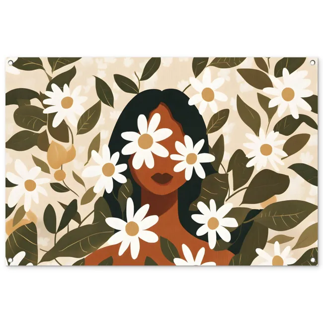 Tuinposter - Illustratie - Vrouw - Madeliefjes - Wit