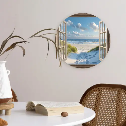 Doorkijk - Strand - Raam - Duinen - Zee Wandcirkel plexiglas klein -sfeer4
