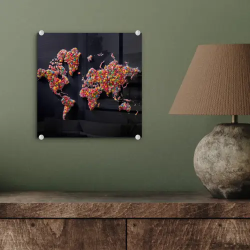 Wereldkaart - Snoepjes - Felle kleuren plexiglas 5mm klein -sfeer3