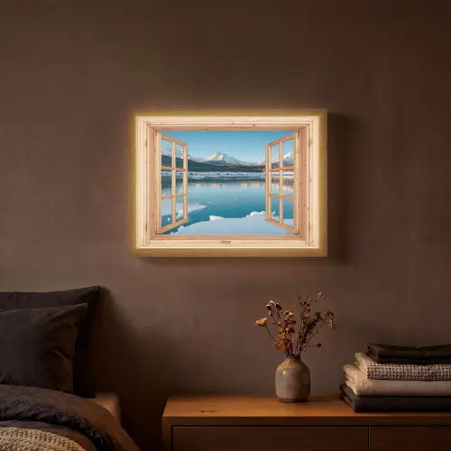 Doorkijk - Landschap - Winter - Meer - Bergen - Uitzicht Light Box met batterij (Wandlamp) middel -sfeer4