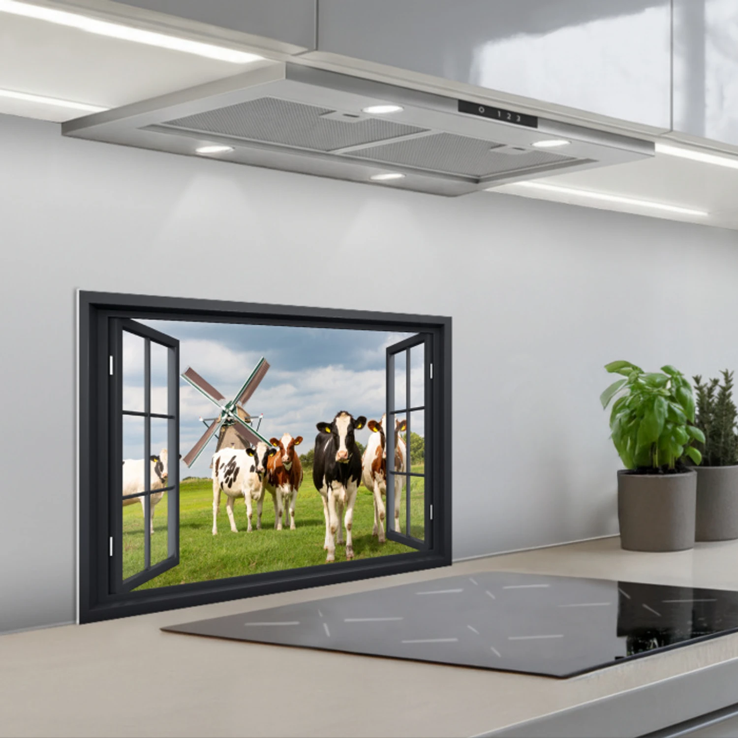Doorkijk - Koe - Molen - Koeien - Weiland - Gras - Groen keuken achterwand spatscherm klein -3d_schuin