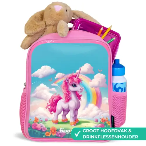 Vrolijke eenhoorn bij een regenboog Kinderrugzak - Roze middel -inhoud_NL