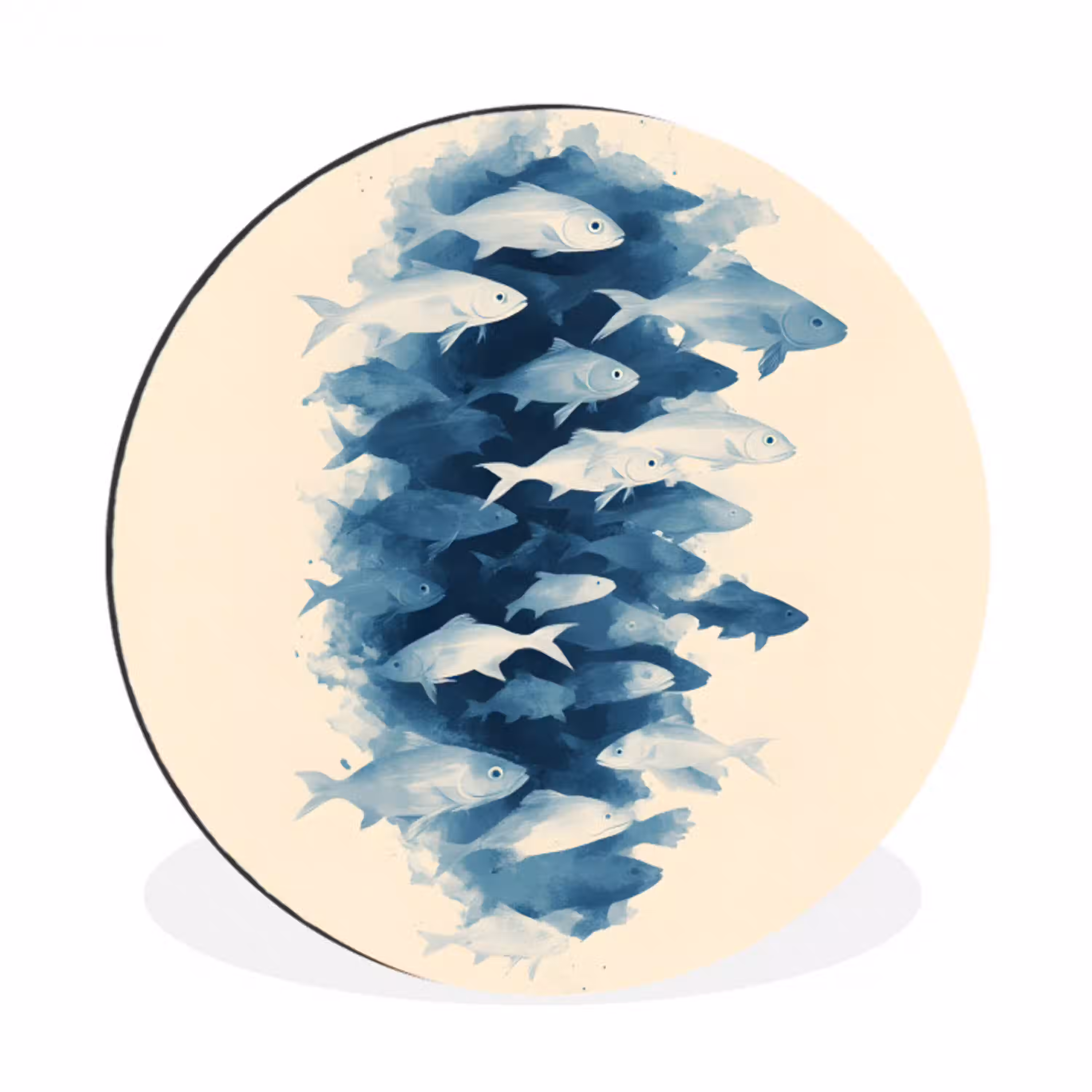 Vissen - Minimalistisch - Blauw Wandcirkel aluminium klein -3d