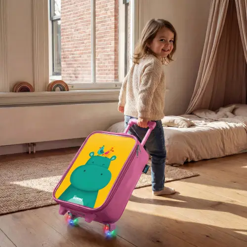 Nijlpaard - Vogels - Geel Kinderkoffer - Roze klein -sfeer1