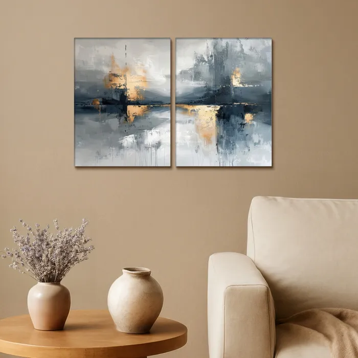 Abstract - Grijs - Goud - Modern Canvas - Meerluiken 2 luik klein -sfeer1