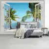 Doorkijk - Strand - Palmboom - Boot - Tropisch - Zee - Blauw fotobehang vinyl groot -slaapkamer