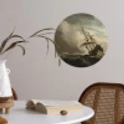 Een schip in volle zee bij vliegende storm - Schilderij van Willem van de Velde Wandcirkel behangsticker klein -sfeer3