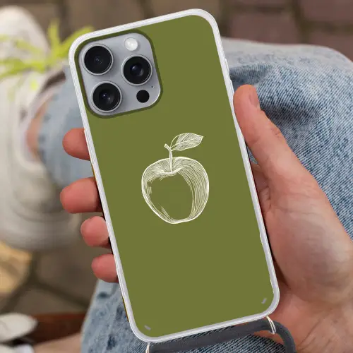 Lijntekening - Appel - Olijfgroen - Blaadje Hoesje iPhone 16 Pro Max met koord klein -sfeer3
