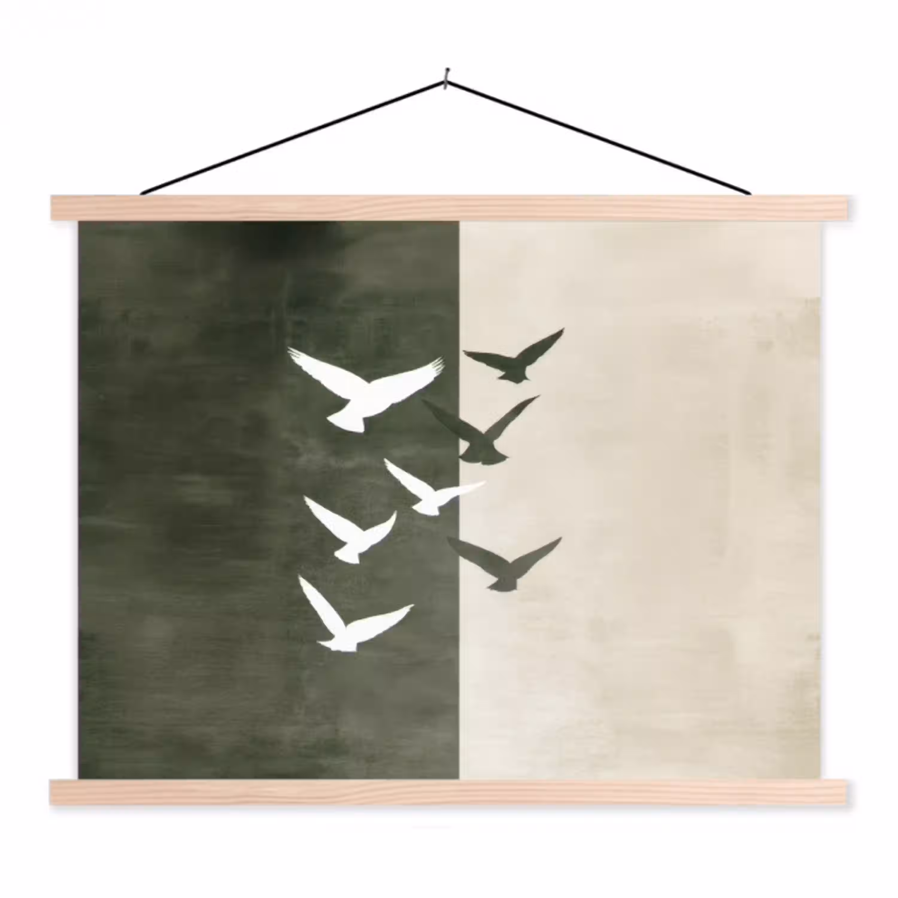 Japandi - Vogel - Groen textielposter latten blank klein -3d