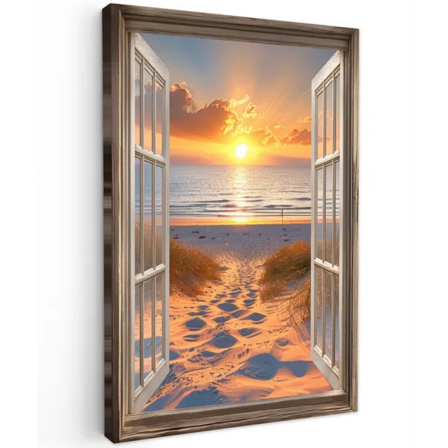 Doorkijk - Strand - Duinen - Zonsondergang Tuinposter op houten frame 2 cm dik klein -3d