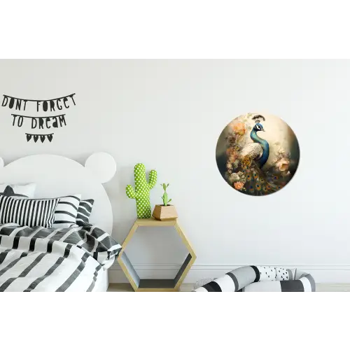 Pauw - Pauwenveren - Bloemen - Vogels - Botanisch Wandcirkel aluminium klein -kinderkamer