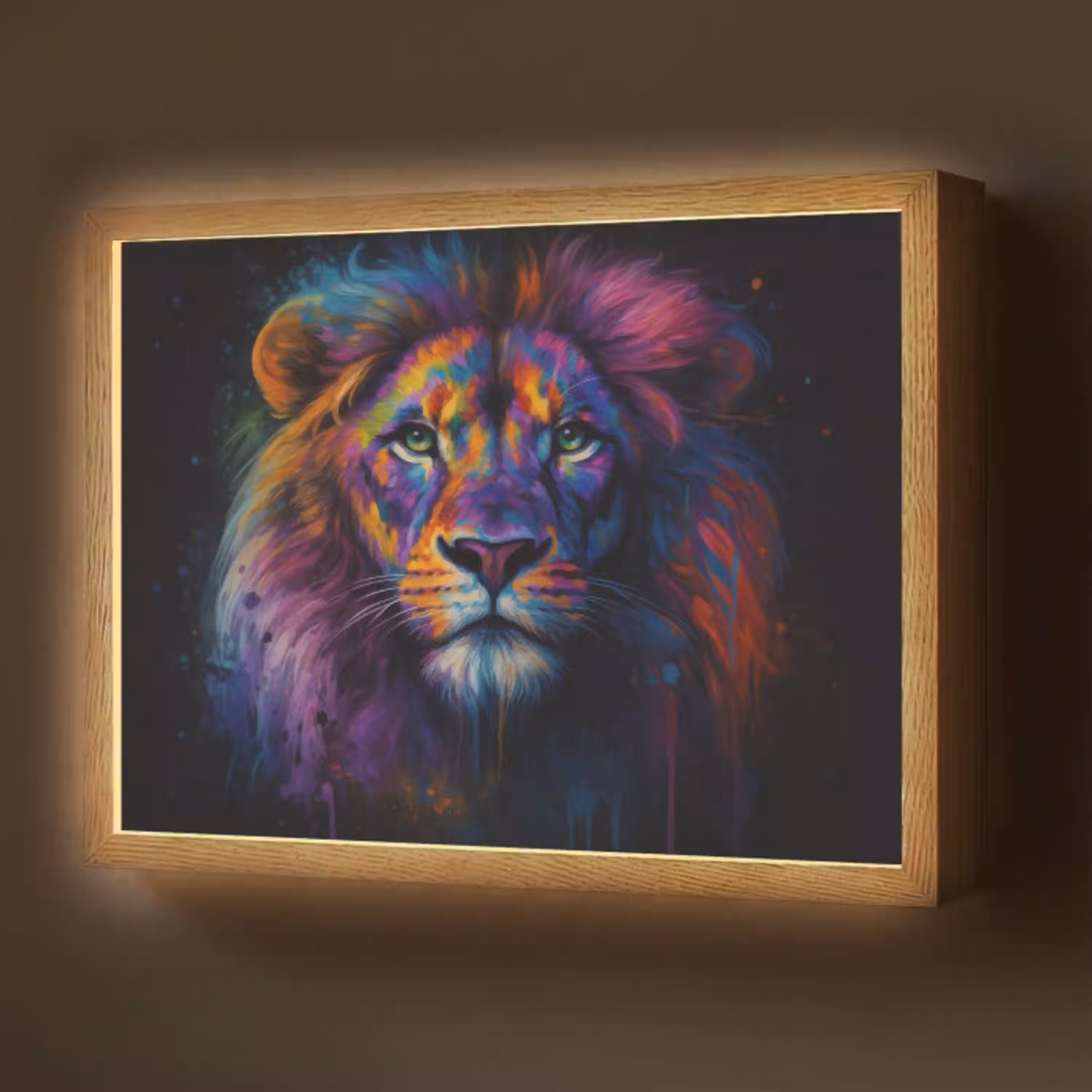 Leeuwenkop - Felgekleurd - Abstract Light Box met batterij (Wandlamp) middel -z3d_website