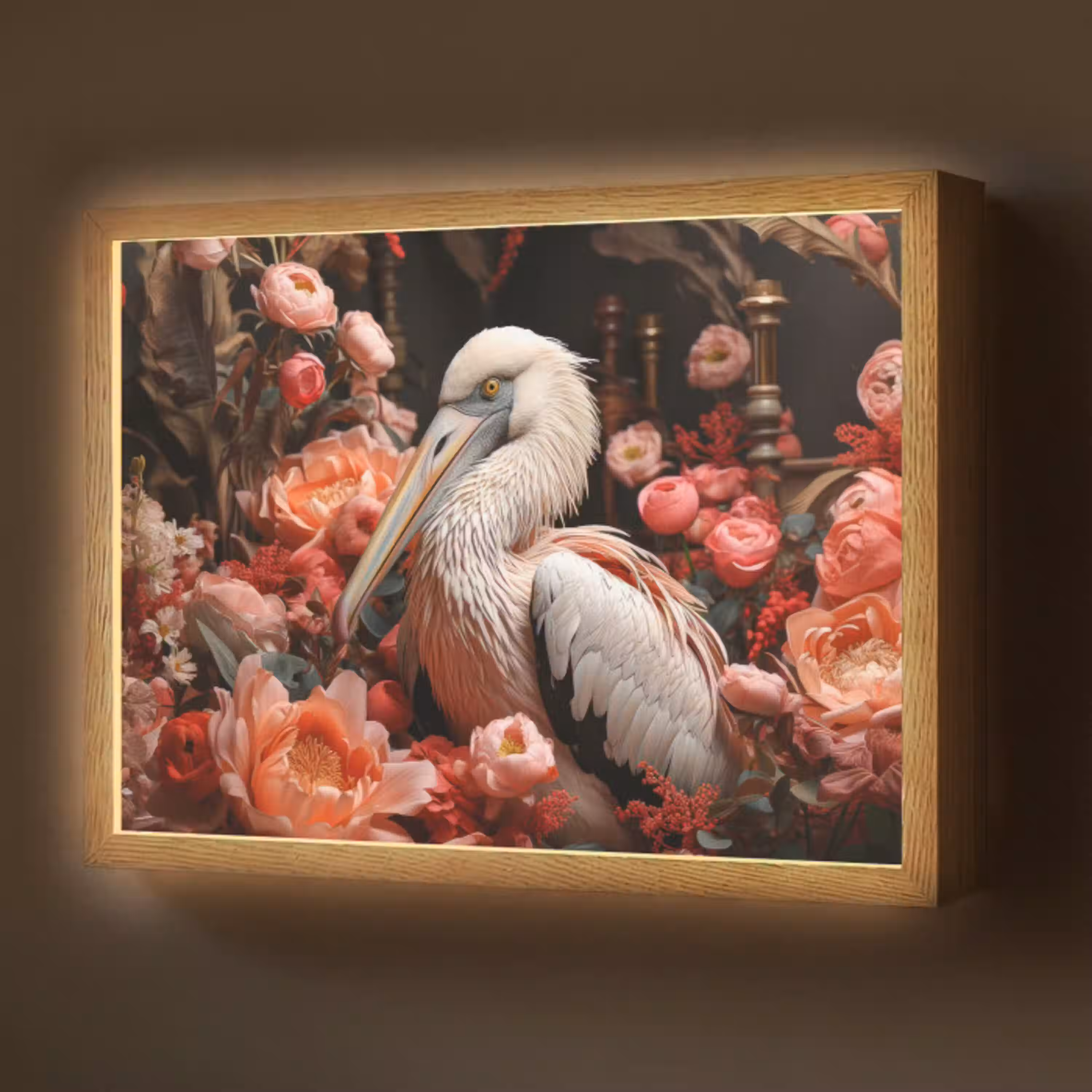 Pelikaan - Dier - Bloemen - Natuur - Botanisch - Roze Light Box met batterij (Wandlamp) middel -z3d_website