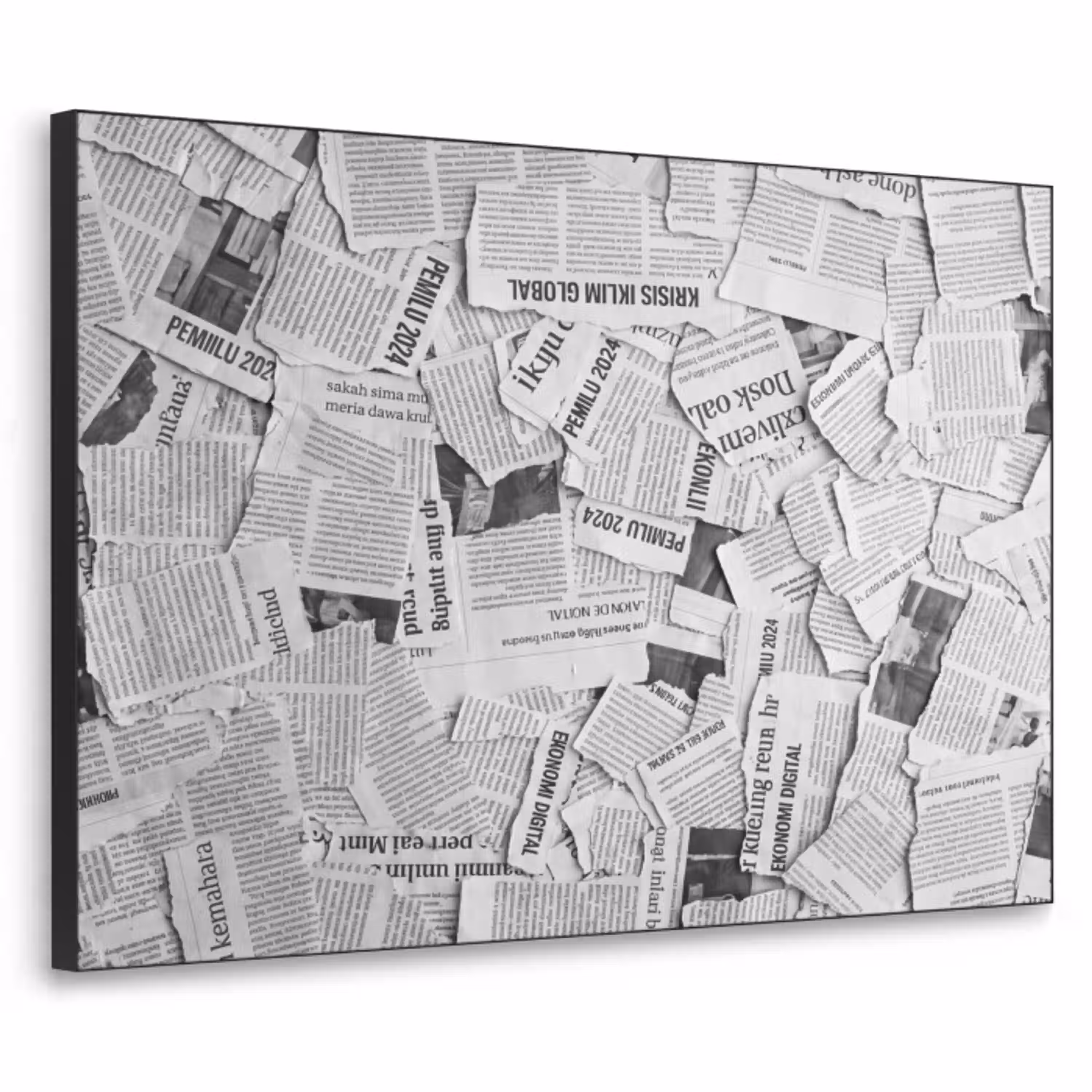 Krant - Versnipperd - Textuur - Zwart-wit - Abstract Textielframe zwart klein -3d