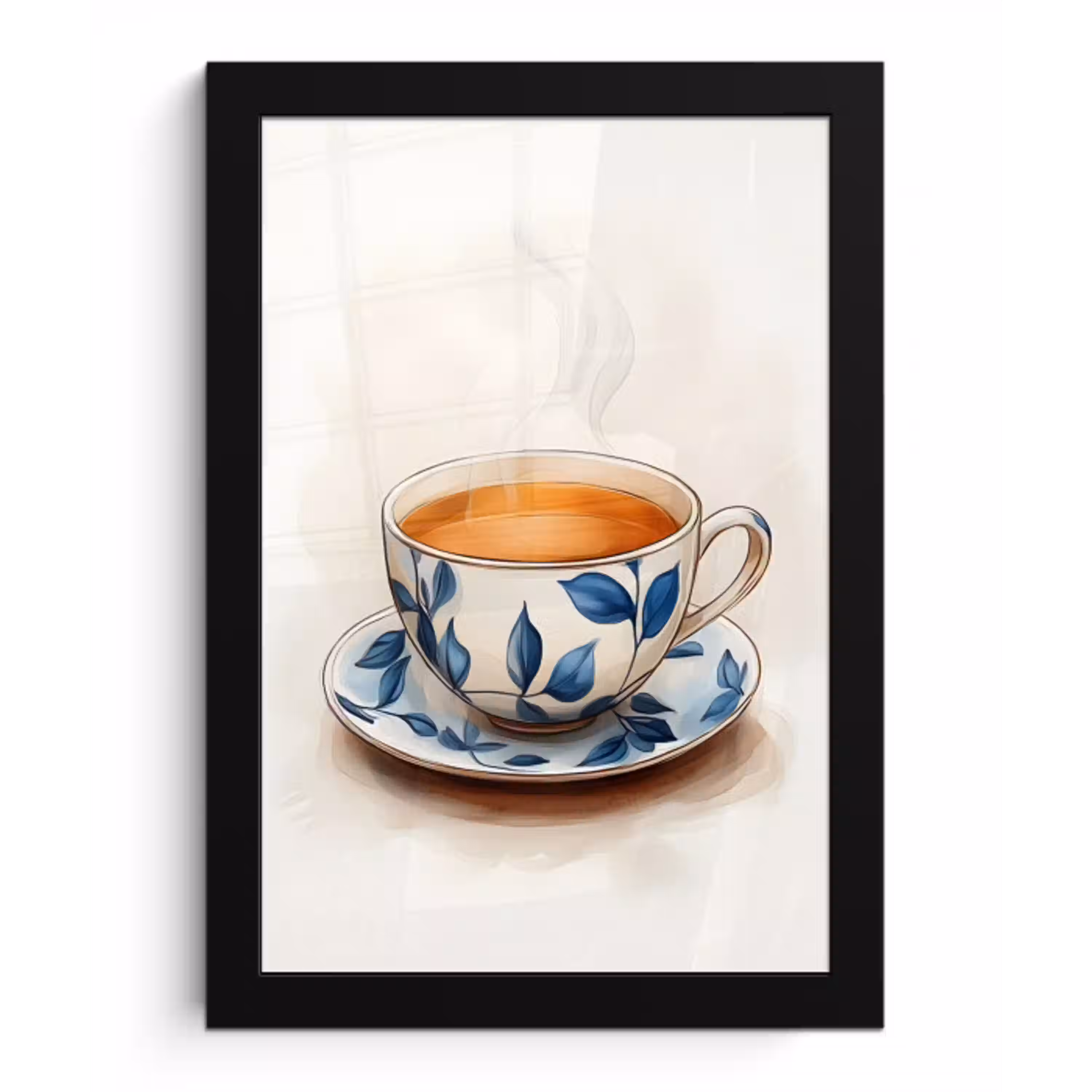 Theekop - Bladeren - Blauw fotolijst zwart zonder passe partout klein -3d