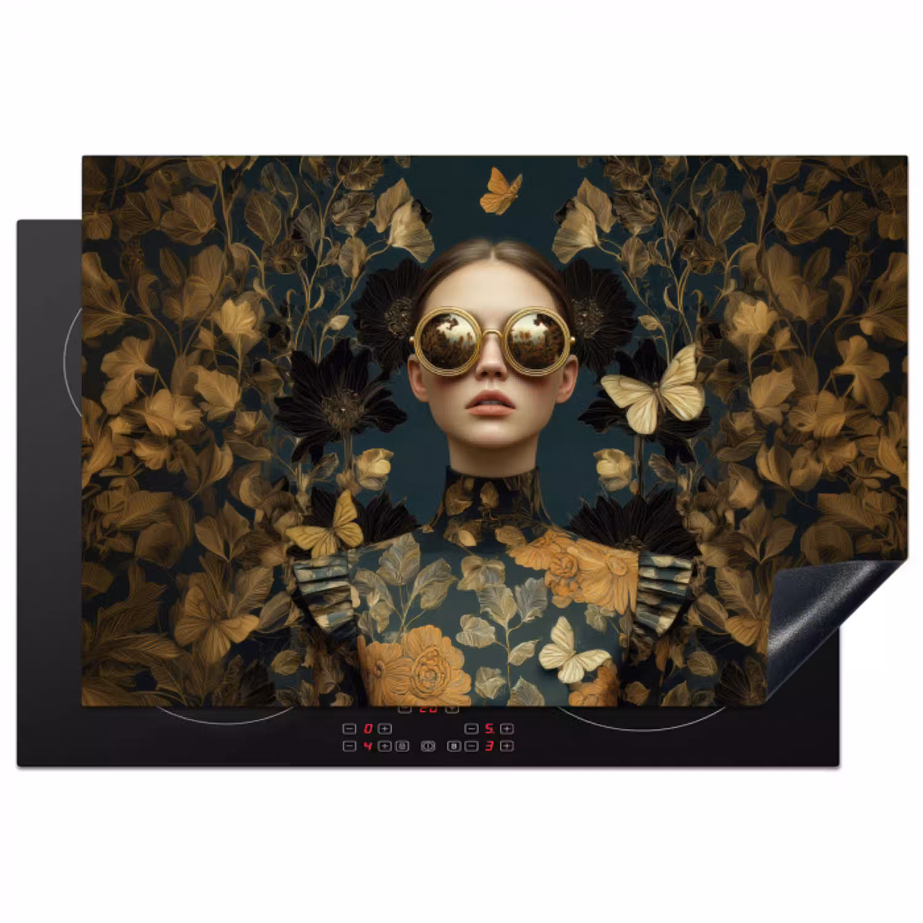 Vrouw - Bladeren - Goud - Vlinders Inductie beschermer vinyl 3mm klein -3d
