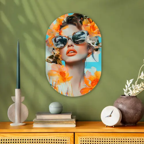 Bloemen - Vrouw - Zonnebril - Blauw Wandcirkel Ovaal Forex klein -sfeer2