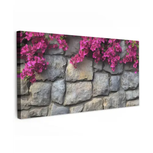 Bougainvillea - Stenen Muur - Roze Tuinposter op houten frame 2 cm dik xxl -3d