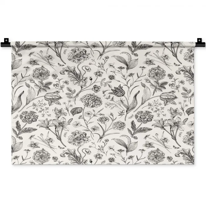 Classic - Black - White - Floral Wandkleed katoen klein 269 -zz3d