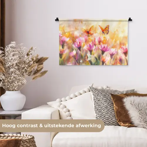 Vlinders - Oranje - Bloemen Wandkleed katoen klein -sfeer1