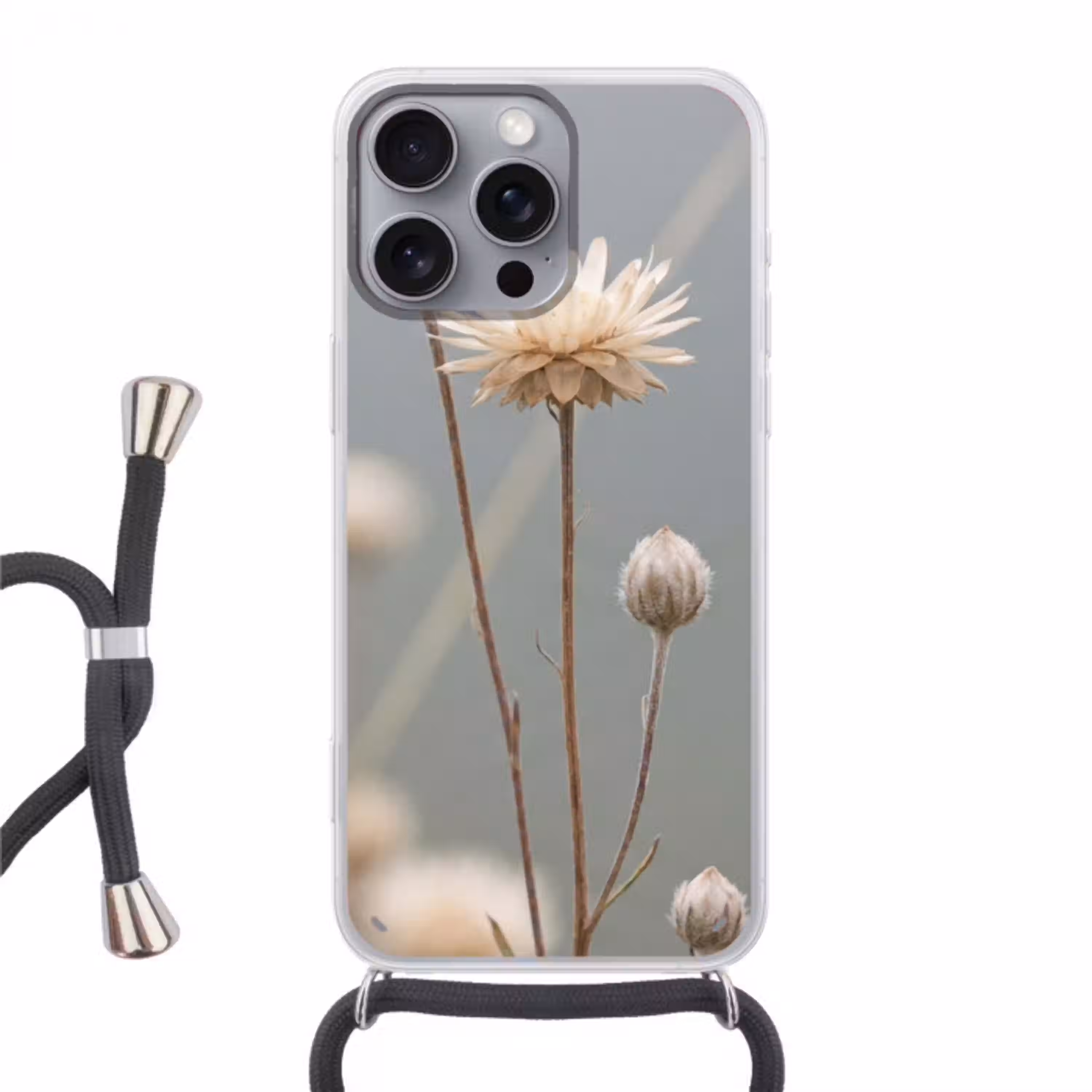 Strobloemen - Wit - Daglicht Hoesje iPhone 16 Pro Max met koord klein -3d