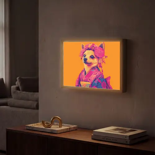 Kimono - Hondje - Bloemenkroon - Oranje Light Box met batterij (Wandlamp) middel -sfeer1
