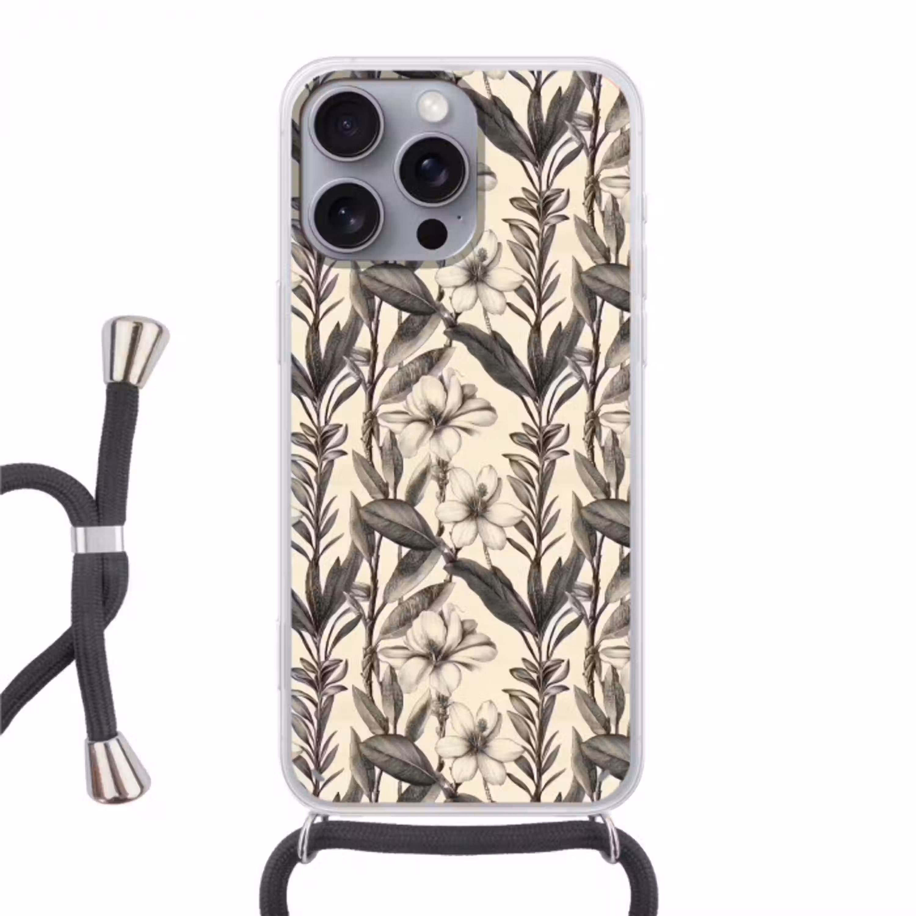 Klassiek - Botanisch - Zwart - Beige Hoesje iPhone 16 Pro Max met koord klein 804 -3d