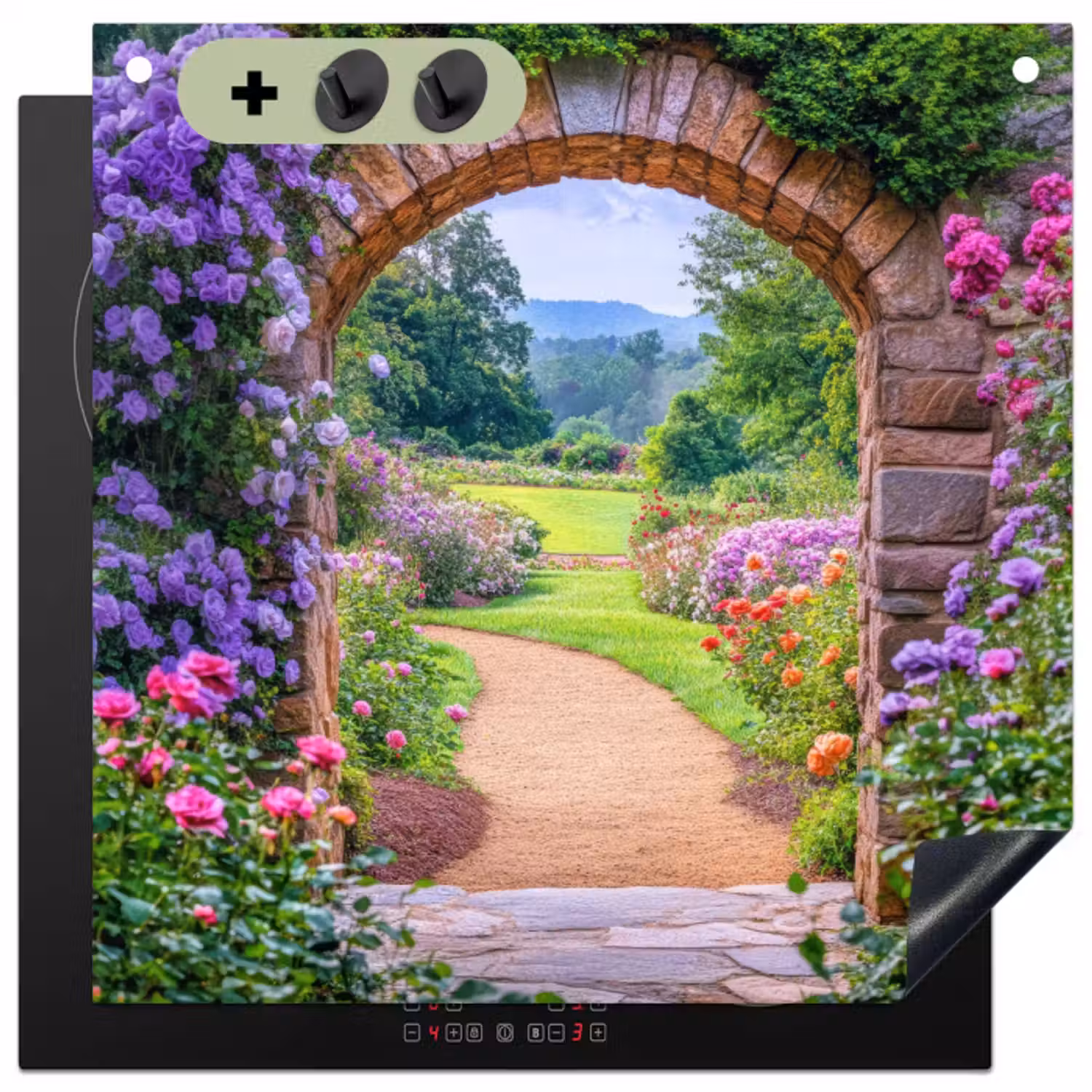Inductie beschermer en spatscherm (2in1) - Doorkijk - Poort - Bloemen - Tuin