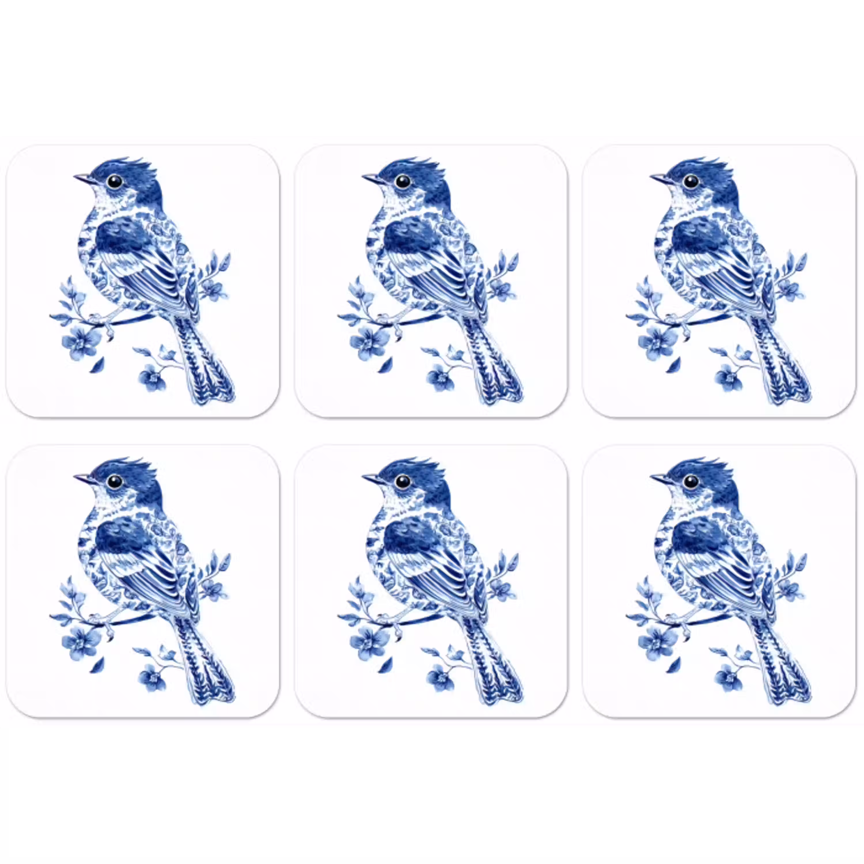 Vogel - Delfts blauw - Illustratie - Bloemen onderzetter kurk middel -zkaufland3dotto