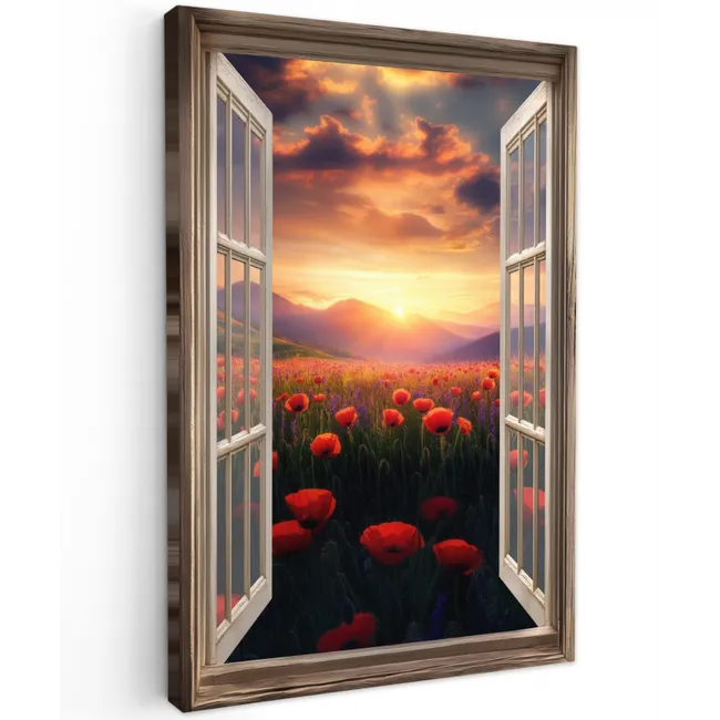 Doorkijk - Klaprozen - Bloemen - Rood - Open raam Tuinposter op houten frame 2 cm dik klein -3d