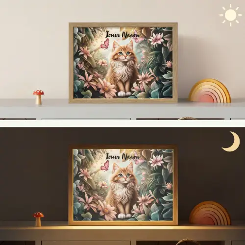 Kat - Bloemen - Vlinders - Roze Light Box met batterij (Wandlamp kind) middel -sfeer3_kind
