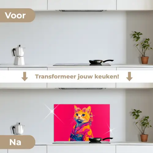 Kat - Kimono - Bloemen - Roze keuken achterwand spatscherm klein -voor_na_NL