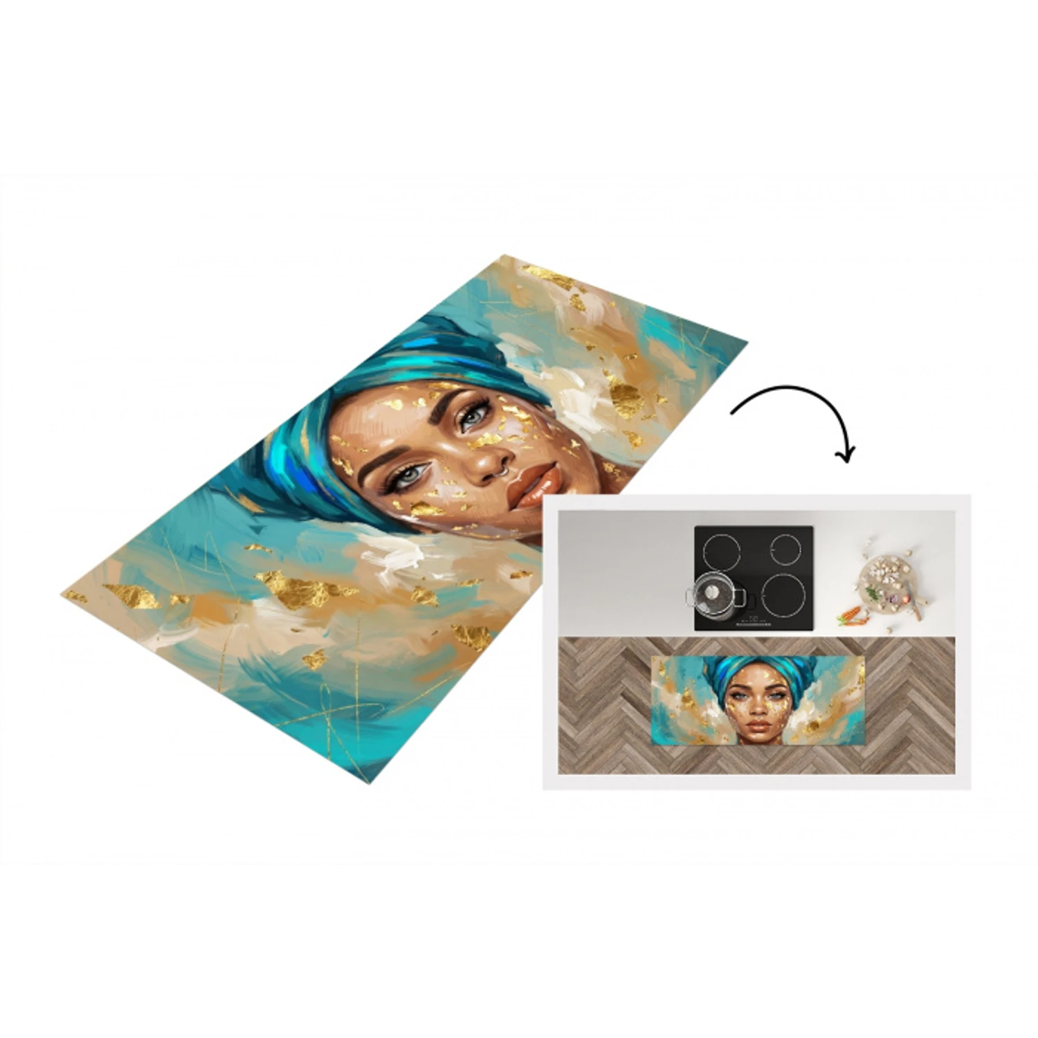 Portret - Vrouw - Schilderij - Blauw - Goud - Expressief Keukenloper - keukenmat middel -3d