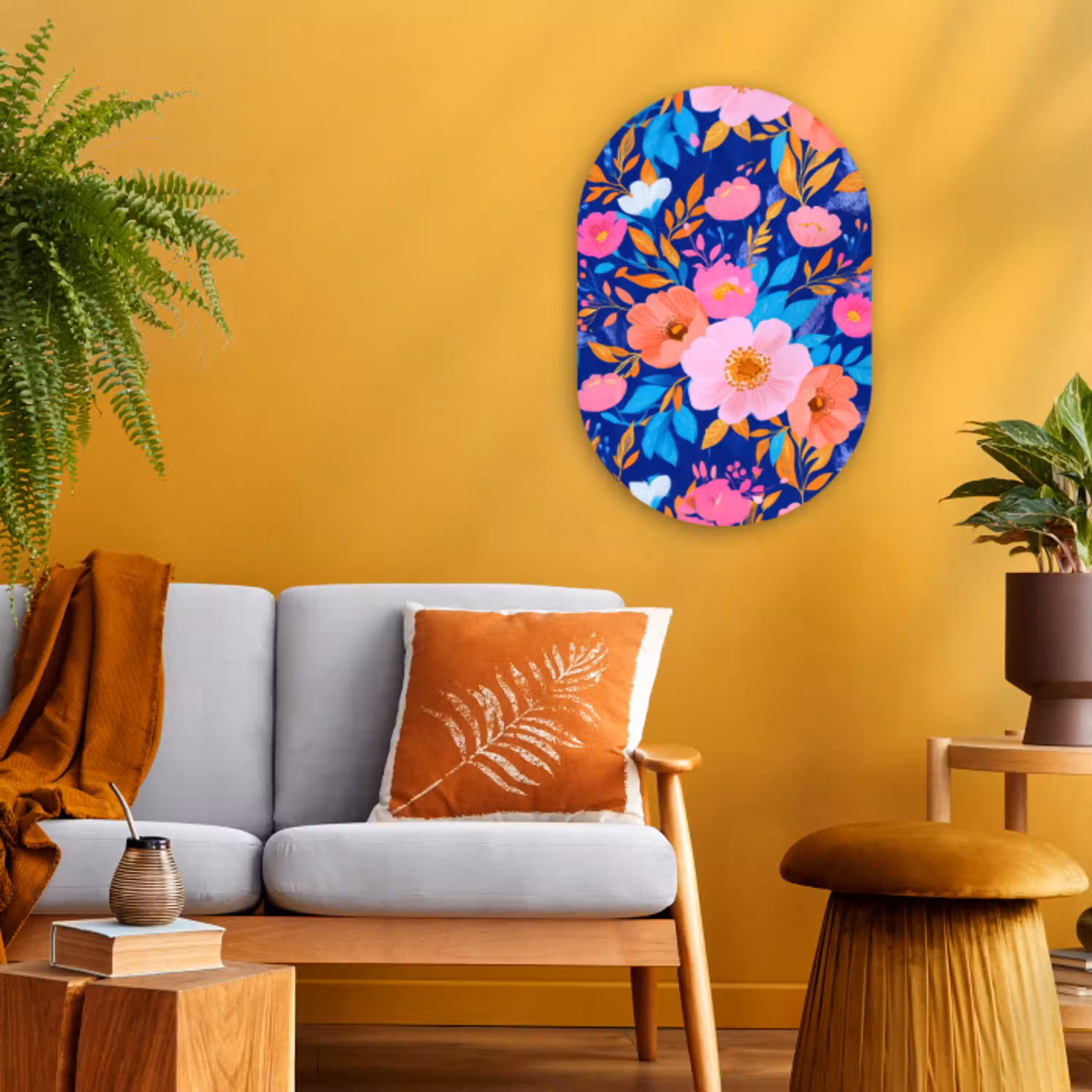 Bloemen - Blauw - Roze Wandcirkel Ovaal Forex klein -sfeer4