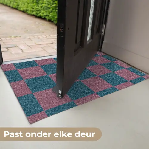 Schaakbord print - Blauw - Rood - Blokjes Deurmat klein -USP_NL