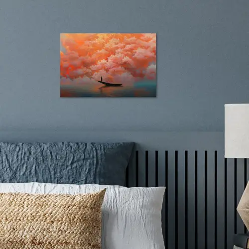 Zee - Boot - Wolken - Oranje poster papier klein -sfeer2