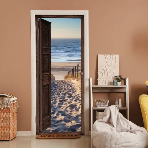Doorkijk - Strand - Zee - Pad - Duinen deurposter klein -sfeer1