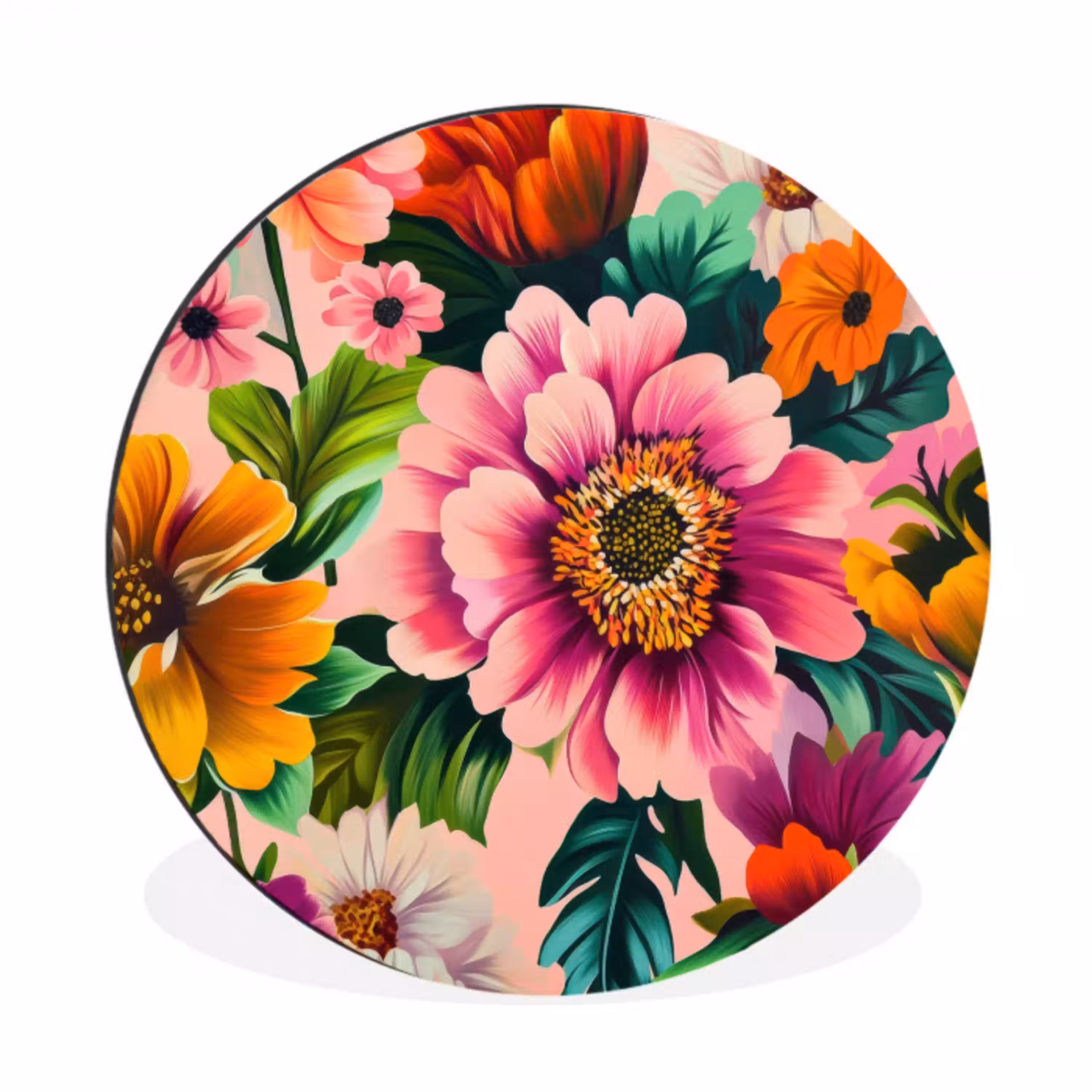 Bloemen - Kleurrijk - Roze Wandcirkel aluminium klein -3d