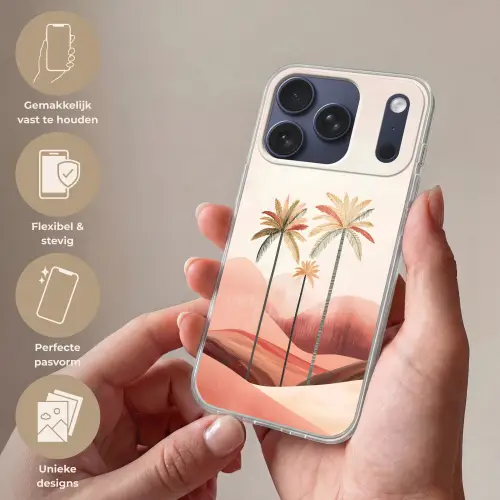 Palmbomen - Heuvels - Minimalistisch - Zachtroze Telefoonhoesje iPhone 17 Pro klein -sfeer3_NL