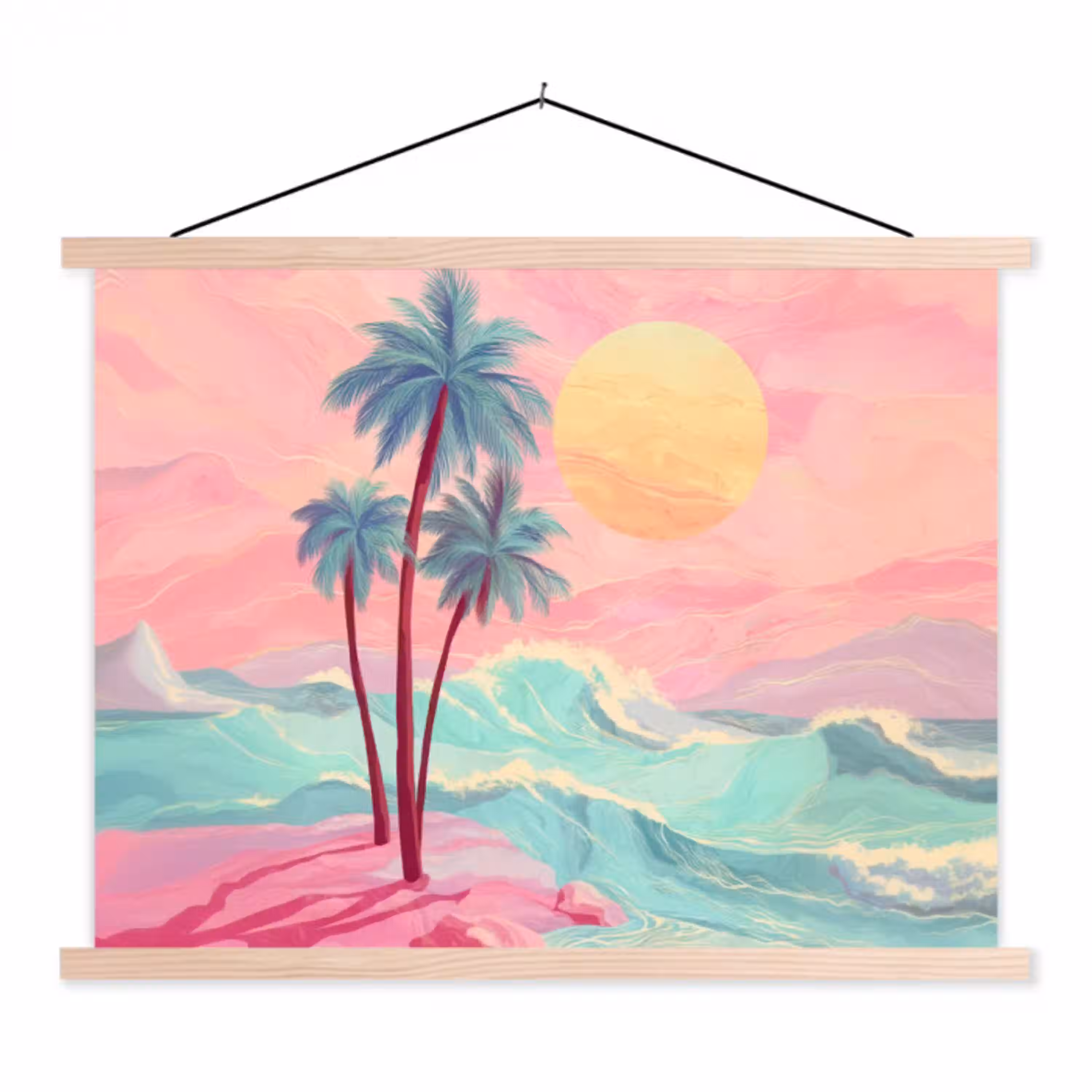 Palmbomen - Golven - Zee textielposter latten blank klein -3d