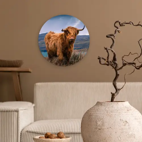 Schotse Hooglander - Berg - Water - Natuur - Koe Wandcirkel kunststof plaat 5mm dik klein -sfeer1