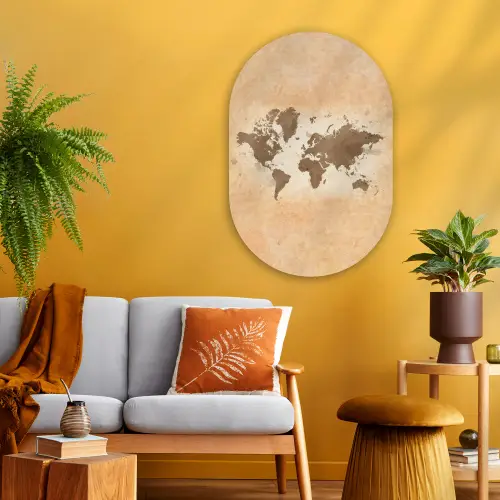 Wereldkaart - Beige - Bruin Wandcirkel Ovaal Glas middel -sfeer4