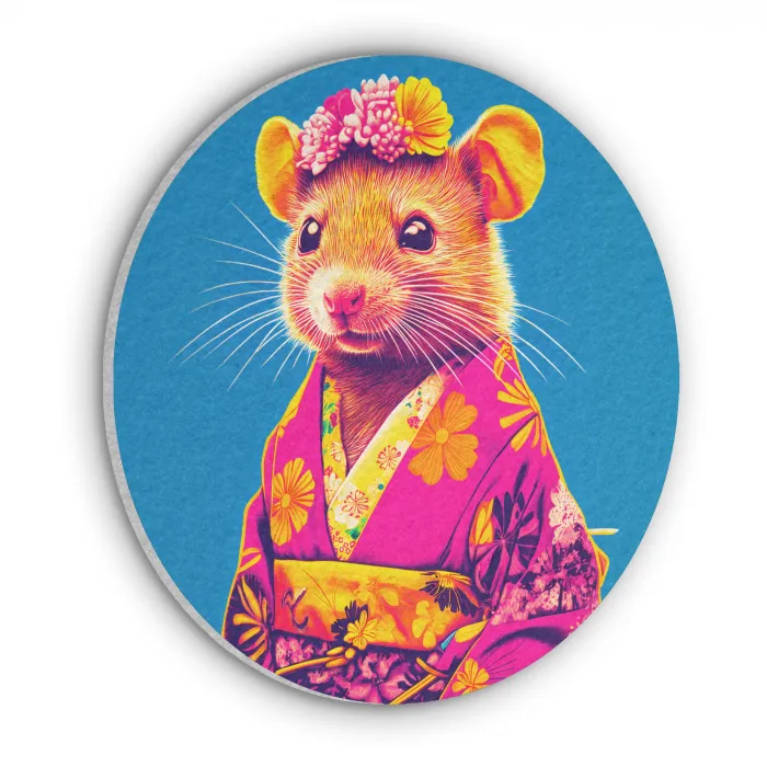 Muis - Kimono - Bloemen - Blauw Akoestische PET Vilt - Rond klein -3d