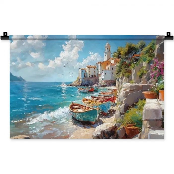 Boten - Rotsen - Zee - Zon Wandkleed katoen klein -zz3d
