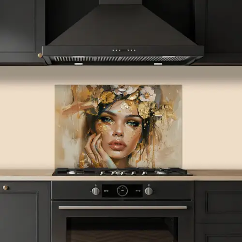 Vrouw - Bloemen  - Goud - Portret keuken achterwand spatscherm klein -sfeer1